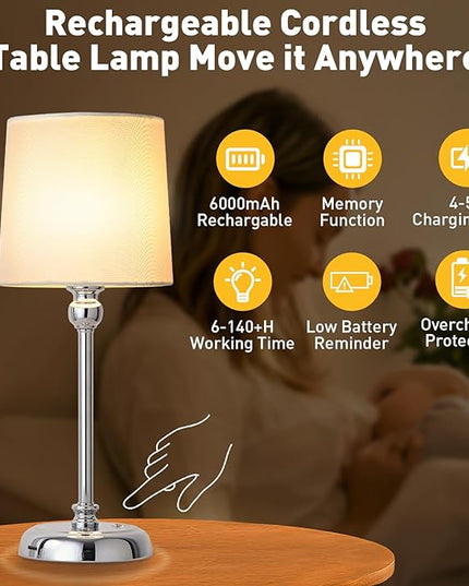 Cordless LED Table Lamp, 6000mAh Rechargeable Bedside Night Lamp for Bedroom, Portable Touch Stepless Dimmable Battery Operated Lamp, Ambient Light for Patio Restaurant(Chrome H) - LeafyLoom