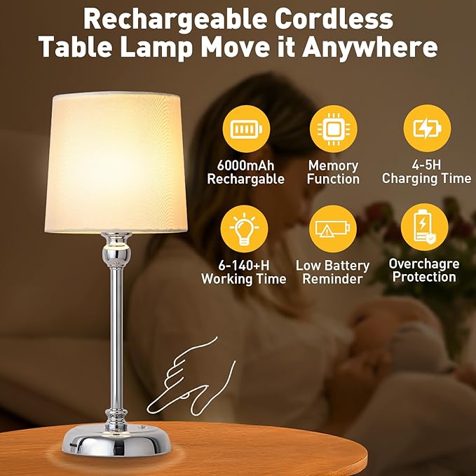 Cordless LED Table Lamp, 6000mAh Rechargeable Bedside Night Lamp for Bedroom, Portable Touch Stepless Dimmable Battery Operated Lamp, Ambient Light for Patio Restaurant(Chrome H) - LeafyLoom