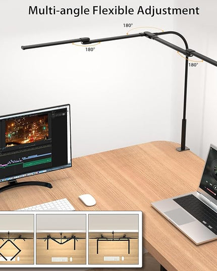 Desk Lamp for Office Home, 4 Heads, 24W Ultra Bright, 5 Colors 10 Bright Levels, Long Flexible Clamp Clip Light, Task Table Lamp with Adapter & Switch Controller, Black - LeafyLoom