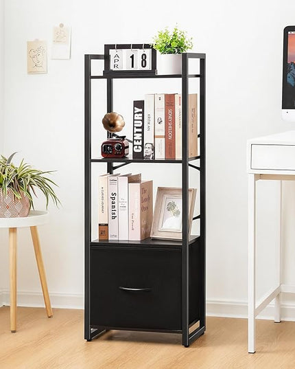 Yoobure Bookshelf, 4 Tier Book Shelf with Drawer, Small Bookcase Narrow Book Case, Industrial Bookshelves Shelf for Bedroom Living Room Office, Book Storage Organizer for CD/Movie Black - LeafyLoom