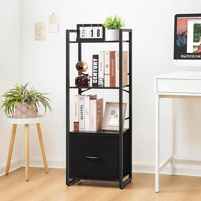 Yoobure Bookshelf, 4 Tier Book Shelf with Drawer, Small Bookcase Narrow Book Case, Industrial Bookshelves Shelf for Bedroom Living Room Office, Book Storage Organizer for CD/Movie Black - LeafyLoom