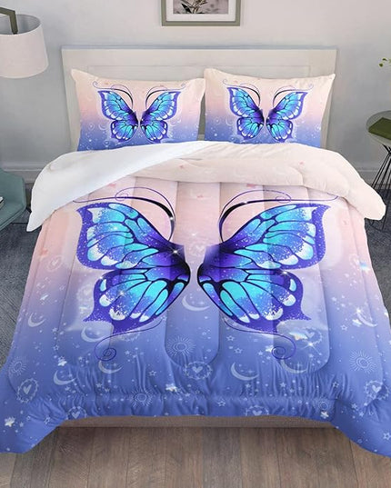 Datura home Bedding Comforter Set Pink Purple Butterfly Printed Pattern Quilt with 1 and 2 Pillowcases for Girls Bedroom All Season(Butterfly Queen) Queen 90x90inches - LeafyLoom