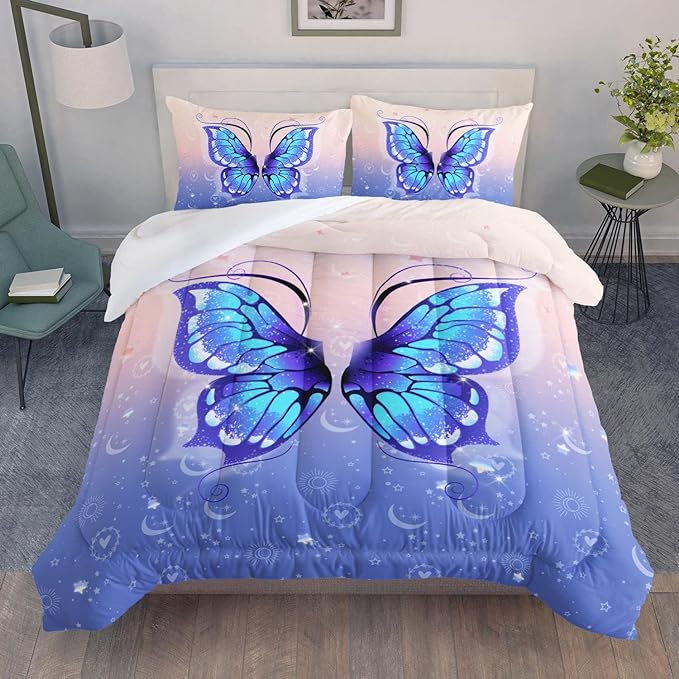 Datura home Bedding Comforter Set Pink Purple Butterfly Printed Pattern Quilt with 1 and 2 Pillowcases for Girls Bedroom All Season(Butterfly Twin) Twin 68x86inches - LeafyLoom