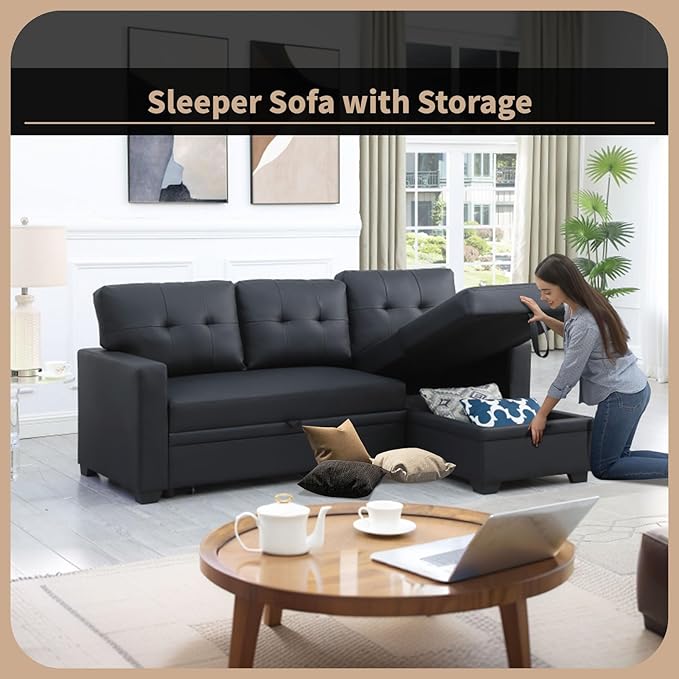 4-in-1 Modular Sofa Bed Convertible Living Room Furniture Sets Upholstered, L Shaped Sectional Comfy Couch with Reversible Storage Chaise for Apartment, Studio, Office, Dark Gray-5 - LeafyLoom