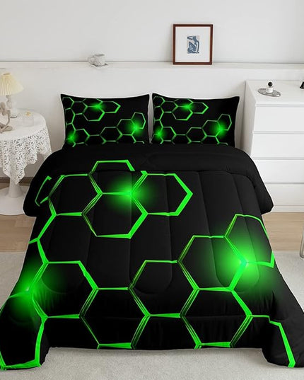 Honeycomb Kids Comforter Set Modern Geometry Hexagon Bedding Set for Boys Teens Decor Geometrical Comforter Beehive Geometric Black Green Duvet Set King Size with 3 Pillow Case Boys - LeafyLoom