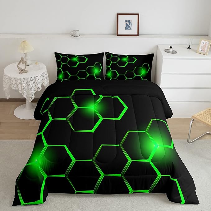 Honeycomb Kids Comforter Set Modern Geometry Hexagon Bedding Set for Boys Teens Decor Geometrical Comforter Beehive Geometric Black Green Duvet Set King Size with 3 Pillow Case Boys - LeafyLoom