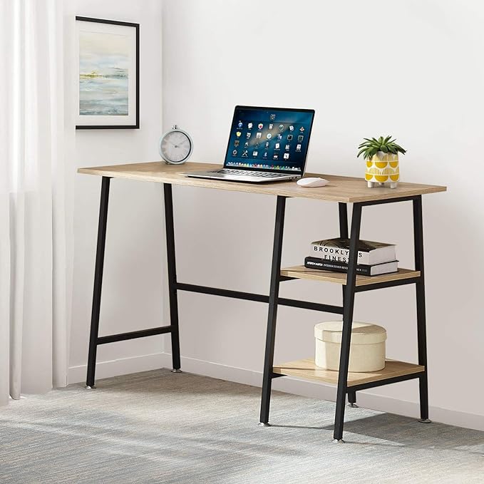 VECELO 43 Inch Computer Modern Student Writing home-office, Ladder Desk, Oak+black Leg - LeafyLoom