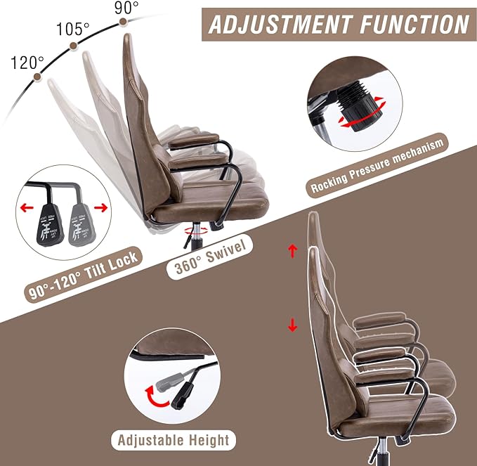Executive Office Chair, Home Office Desk Chair, High Back PU Leather Desk Chair, 360° Swivel Computer Chair, Height Adjustable Tilt Vanity Task Chair for Office, Reading Meeting Room - LeafyLoom