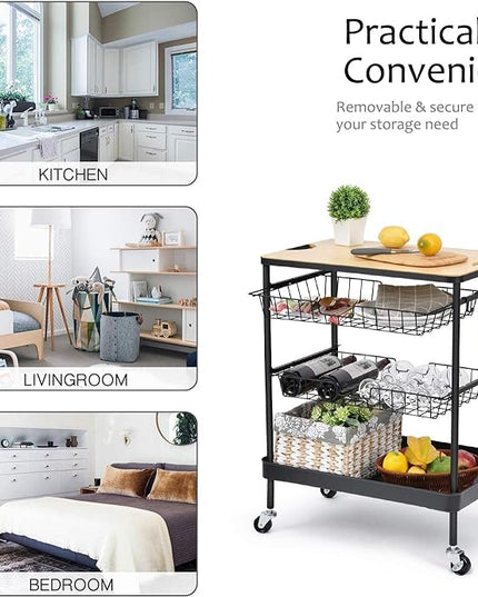 TOOLF Kitchen Island Serving Cart with Utility Wood Tabletop, 4-Tier Rolling Storage Cart with 2 Basket Drawers, Kitchen Cart with Wheels for Home, Dining Room, Bar, Restaurant, Hotel - LeafyLoom