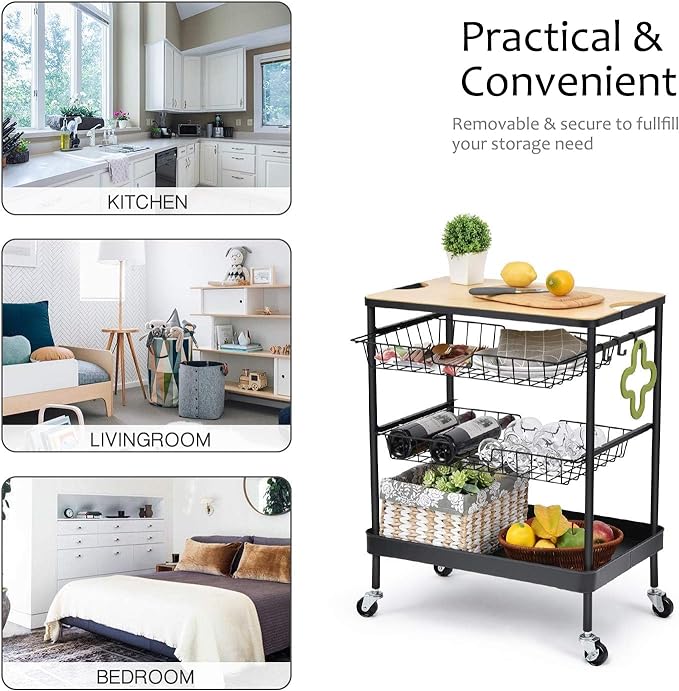 TOOLF Kitchen Island Serving Cart with Utility Wood Tabletop, 4-Tier Rolling Storage Cart with 2 Basket Drawers, Kitchen Cart with Wheels for Home, Dining Room, Bar, Restaurant, Hotel - LeafyLoom