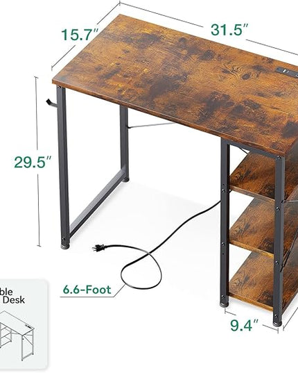 AODK Laptop Desk Small Desk, 32 Inch Computer Desk with Power Outlet and USB & Type-C Charging Port, Writing Desk with 3-Tier Reversible Storage Shelf for Home Office, 32'' x 16'', Rustic Brown - LeafyLoom