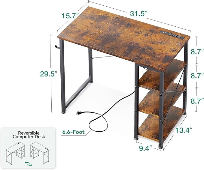 AODK Laptop Desk Small Desk, 32 Inch Computer Desk with Power Outlet and USB & Type-C Charging Port, Writing Desk with 3-Tier Reversible Storage Shelf for Home Office, 32'' x 16'', Rustic Brown - LeafyLoom
