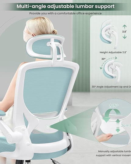 KERDOM Ergonomic Office Chair, Breathable Mesh Desk Chair, Lumbar Support Computer Chair with Headrest and Flip-up Arms, Swivel Task Chair, Adjustable Height Gaming Chair, LightBlue - LeafyLoom
