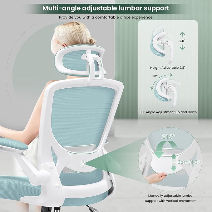 KERDOM Ergonomic Office Chair, Breathable Mesh Desk Chair, Lumbar Support Computer Chair with Headrest and Flip-up Arms, Swivel Task Chair, Adjustable Height Gaming Chair, LightBlue - LeafyLoom