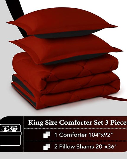 downluxe King Size Comforter Set - Red and Black King Comforter, Soft Bedding Sets for All Seasons - 3 Pieces - 1 Comforter (104"x92") and 2 Pillow Shams(20"x36") - LeafyLoom