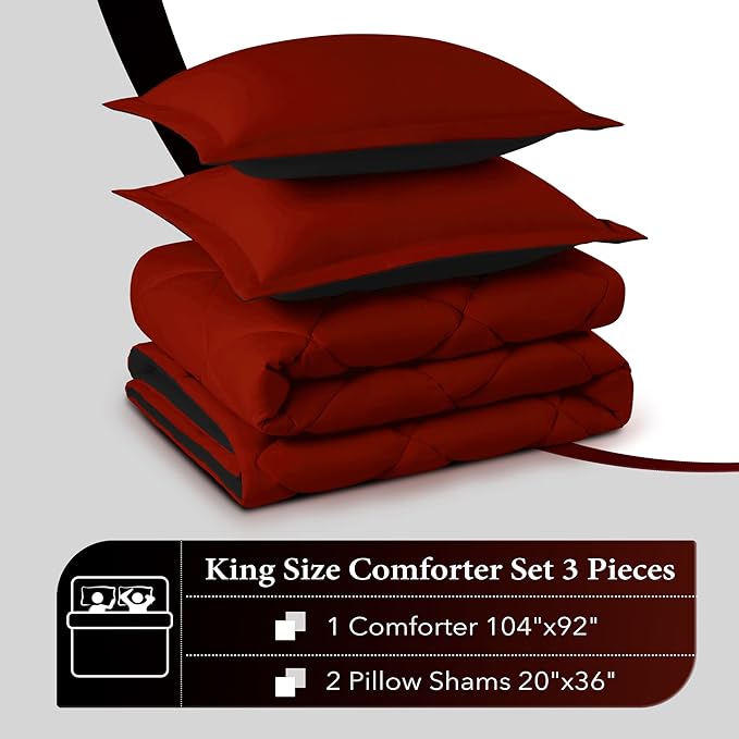 downluxe King Size Comforter Set - Red and Black King Comforter, Soft Bedding Sets for All Seasons - 3 Pieces - 1 Comforter (104"x92") and 2 Pillow Shams(20"x36") - LeafyLoom