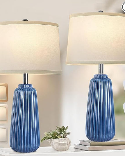 25inch Modern Ceramic Table Lamps Set of 2,Blue Tall Nightstand Lamp 3-Way Dimmable Farmhouse End Table Lamps for Living Room Bedroom,Bulbs Included - LeafyLoom