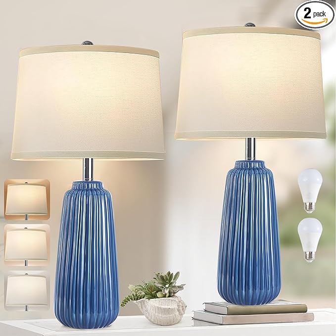 25inch Modern Ceramic Table Lamps Set of 2,Blue Tall Nightstand Lamp 3-Way Dimmable Farmhouse End Table Lamps for Living Room Bedroom,Bulbs Included - LeafyLoom