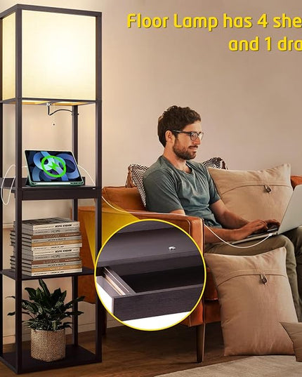 Floor Lamp with Shelves Plus, 4-Tier Wireless Charger Shelf Floor Lamp for Bedroom Living Room, USB and Type C Charging Ports 2 AC Power Outlets, 3CCT Color Selectable 15W Bulb(Walnut). - LeafyLoom