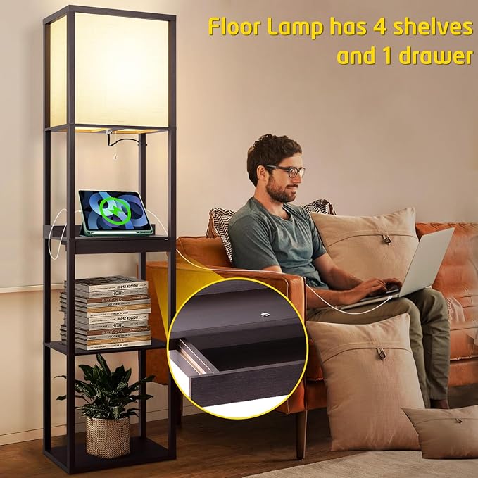 Floor Lamp with Shelves Plus, 4-Tier Wireless Charger Shelf Floor Lamp for Bedroom Living Room, USB and Type C Charging Ports 2 AC Power Outlets, 3CCT Color Selectable 15W Bulb(Walnut). - LeafyLoom
