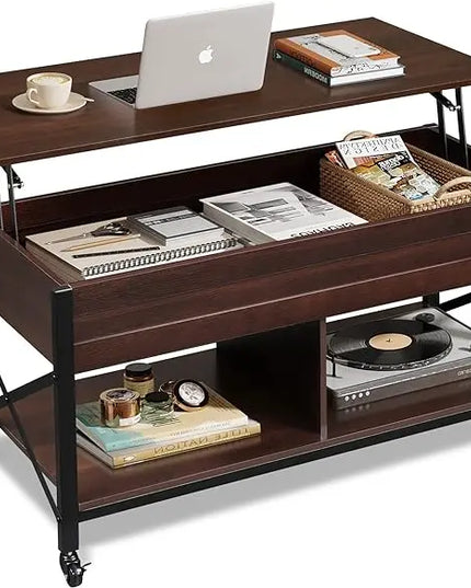 WLIVE Coffee Table, 41" Lift Top Coffee Table with Hidden Compartment, Multi-Function Coffee Table with 4 Wheels and 2 Storage Shelves for Living Room and Bedroom, Espresso - LeafyLoom