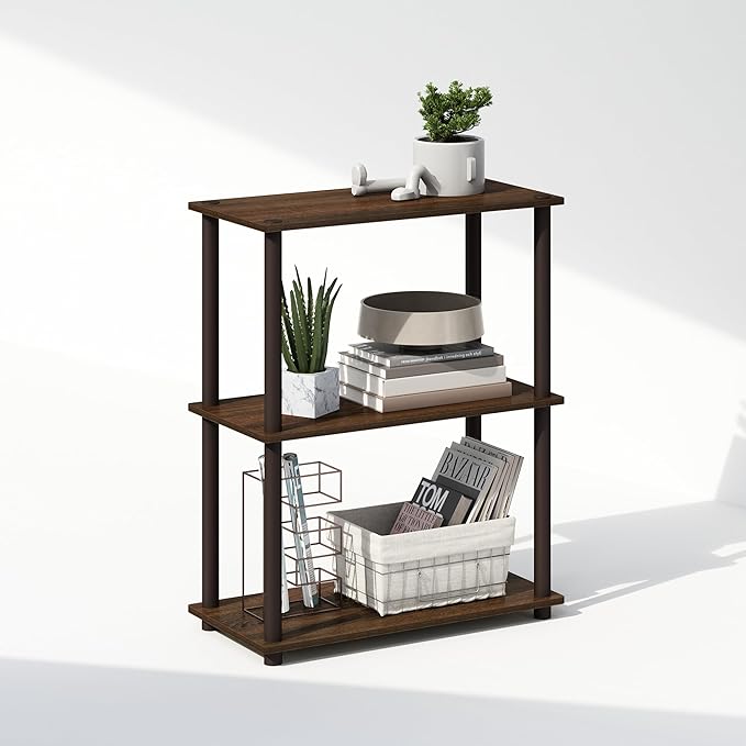 Furinno Turn-N-Tube 3-Tier Multipurpose Compact Display Rack, Shelving Unit, Bookcase, Walnut/Brown - LeafyLoom
