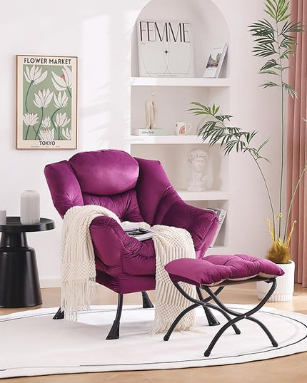 Welnow Lazy Chair with Ottoman, Modern Lounge Accent Chair with Armrests and a Side Pocket, Leisure Sofa Chair Set, Reading Chair with Footrest for Small Space, Corner Chair, Dark Purple - LeafyLoom