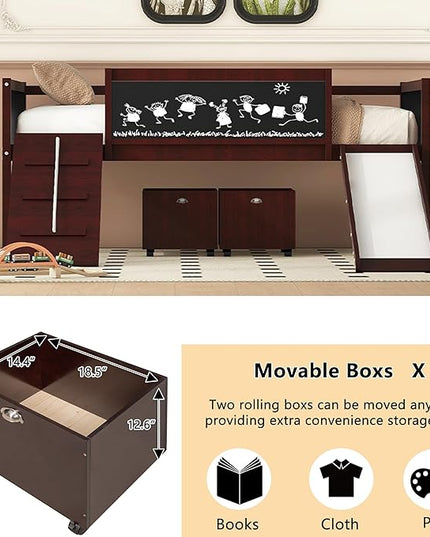 Twin Size Low Loft Bed with Slide and 2 Storage Boxes,Kids Low Loft Bed Frame with Climbing and Chalkboard,Solid Loft Bed Twin for Boys,Girls,Espresso - LeafyLoom