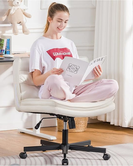 COMHOMA Criss Cross Chair with Wheels, Armless Wide Cross Legged Office Chair Mid Back, Modern Home Office Desk Chair Swivel Adjustable Vanity Computer Chair, Beige - LeafyLoom