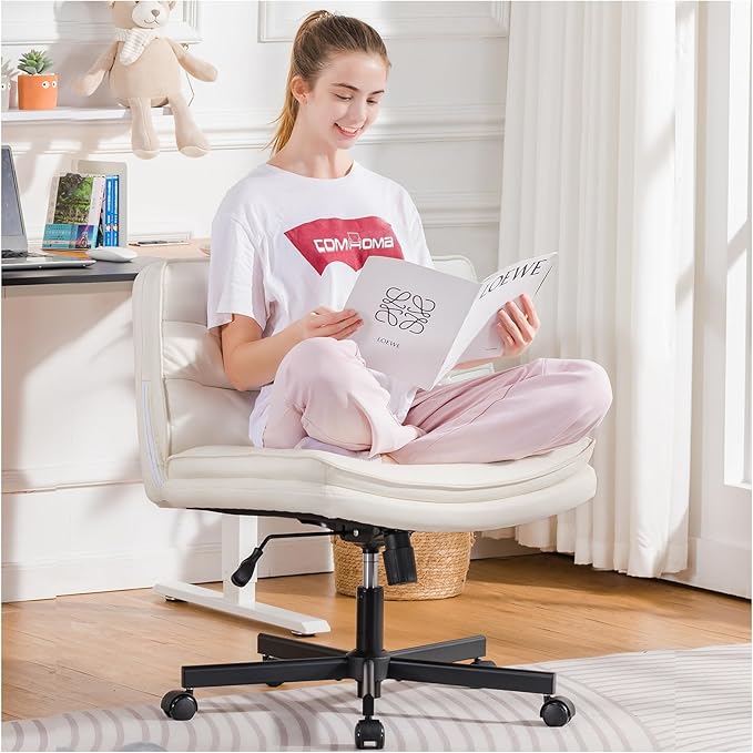 COMHOMA Criss Cross Chair with Wheels, Armless Wide Cross Legged Office Chair Mid Back, Modern Home Office Desk Chair Swivel Adjustable Vanity Computer Chair, Beige - LeafyLoom