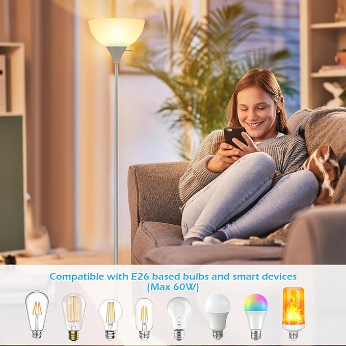 Floor Lamp, LED Standing Lamps with White Plastic Shade, Modern Corner Floor Lamp, Simple Tall Lamps for Living Room Bedroom, Rotary Switch, E26 Base, Bulb not Included, Sliver Grey - LeafyLoom