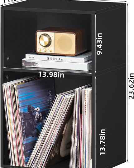 YAHARBO 2 Cube Bookshelf, Black Record Player Stand with Vinyl Storage Up to 100 Albums, Horizontal Book Shelf, Small Cubby Bookcase with Storage Organizer, Turntable Stand for Living Room, Bedroom - LeafyLoom