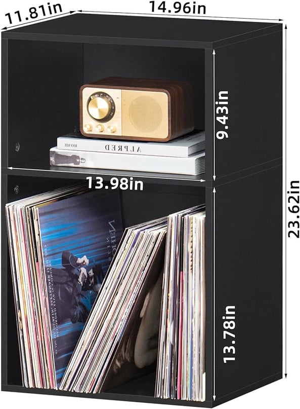 YAHARBO 2 Cube Bookshelf, Black Record Player Stand with Vinyl Storage Up to 100 Albums, Horizontal Book Shelf, Small Cubby Bookcase with Storage Organizer, Turntable Stand for Living Room, Bedroom - LeafyLoom