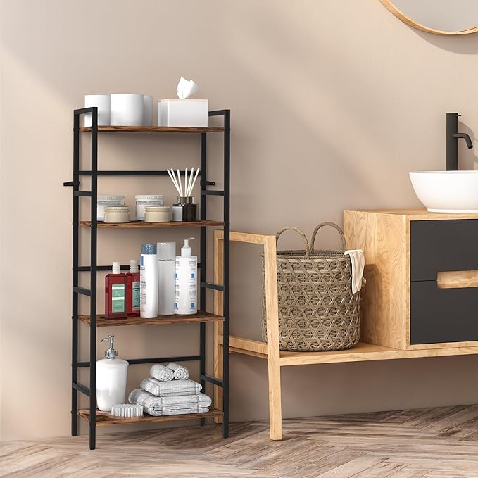 CADUKE Bookcase 4 Tier Bookshelf with Storage Industrial Open Etagere Bookcase Wood Metal Book Shelf Stand Brown Bookshelves for Living Room Bedroom Office - LeafyLoom