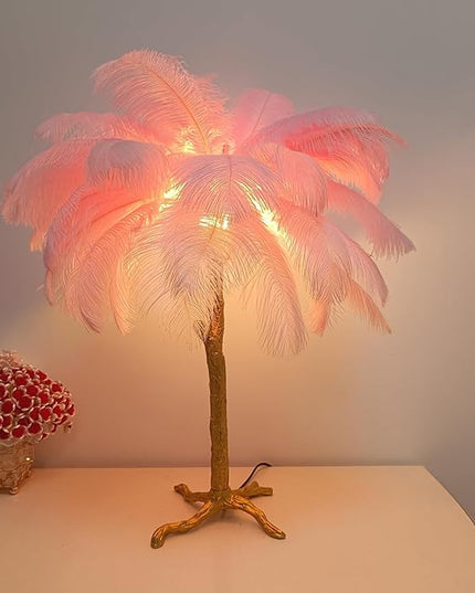 Ostrich Feather Desk Lamp Bedside Pink Cute Lamp Gold Resin Table Lamp, Coconut Tree Feather Lamp for Bedroom Living Room Hallway Wedding Girls Bedroom Night Light G4 Base - LeafyLoom