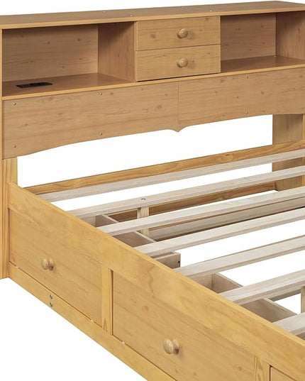 Full Size Wood Pltaform Trundle and 3 Drawers/Upper Shelves,Multifunctional Storage Bed Frame,W/a Set of USB Ports & Sockets,for Apartment,Bedroom,Living Room,Natural - LeafyLoom