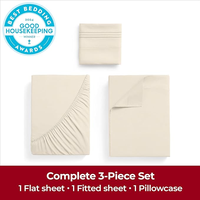 Mellanni Extra Deep Twin XL Sheets - 3 PC Iconic Collection Bedding Sheets & Pillowcases - Luxury, Ultra Soft, Cooling Bed Sheets - Extra Deep Pocket up to 21 inch (Twin Extra Long, Golden Ivory) - LeafyLoom