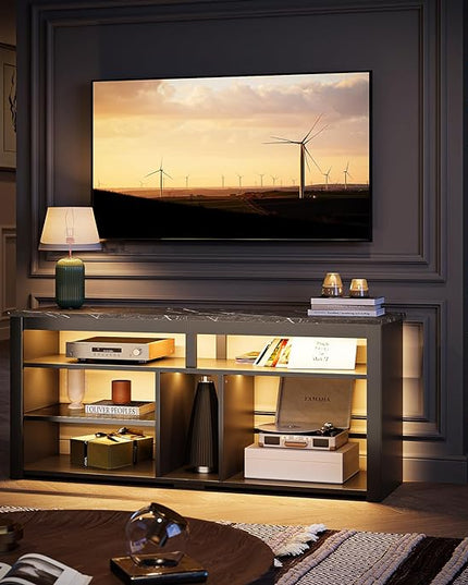 Bestier LED Tall Entertainment Center, 55 inch TV Stand for 55/60/65 inch TV, Gaming TV Cabinet with Storage for PS5, Adjustable Shelf Media TV Console for Living Room Bedroom, Black Marble - LeafyLoom