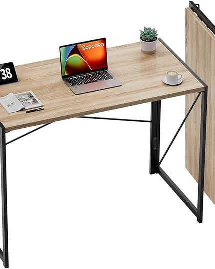 Coavas 31.5 inch Folding Desk No Assembly Required, Writing Computer Desk Space Saving Foldable Table Simple Home Office Desk, Beech - LeafyLoom