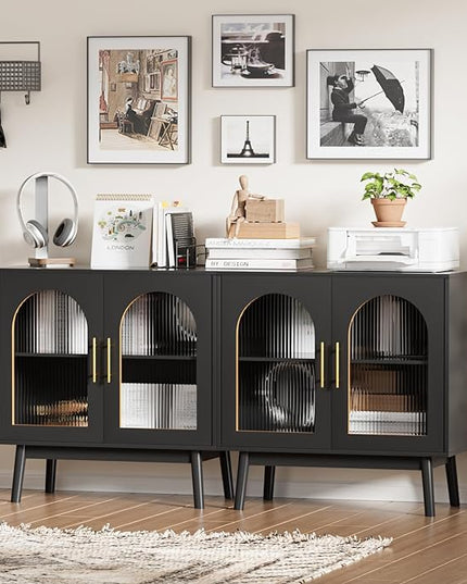 Set of 2 Sideboard Buffet Cabinet, Accent Kitchen Storage Cabinet with Glass Doors, Modern Console Table TV Stand with Adjustable Shelves for Living Room, Dining Room, Black - LeafyLoom