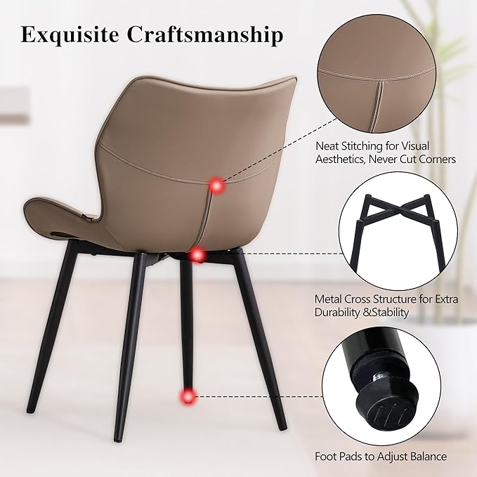 YOUNIKE Dining Chairs Set of 2, Upholstered Leather Kitchen Dining Room Chairs, Modern Living Room Bedroom Side Chairs with Wide Curved Back and Metal Legs, Kitchen Chairs Khaki Taupe - LeafyLoom