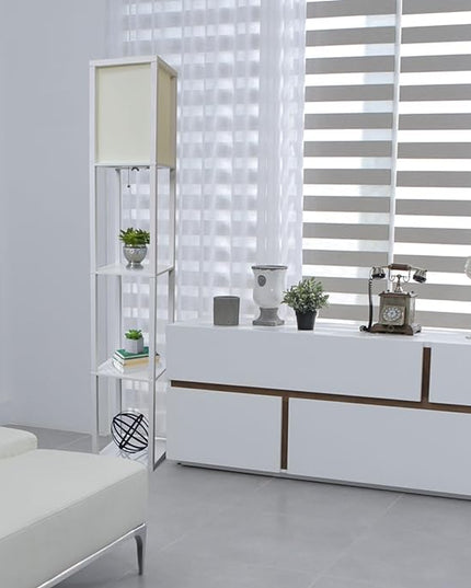 Simple Designs LF1014-WHT-LB Three Shelf Etagere Organizer Storage Floor Lamp with White Linen Shade for Living Room, Bedroom, Office, Hallway, White, with Feit LED Bulb Included - LeafyLoom