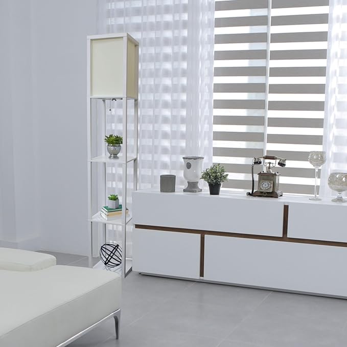 Simple Designs LF1014-WHT-LB Three Shelf Etagere Organizer Storage Floor Lamp with White Linen Shade for Living Room, Bedroom, Office, Hallway, White, with Feit LED Bulb Included - LeafyLoom