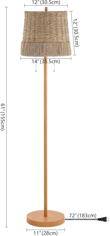 JONATHAN Y JYL3091A Ocata 61" 2-Light Coastal Bohemian Iron/Rattan LED Floor Lamp with Pull-Chain Farmhouse, Rustic Standing Reading Lamp LED Bulb Included, Brown Wood Finish - LeafyLoom
