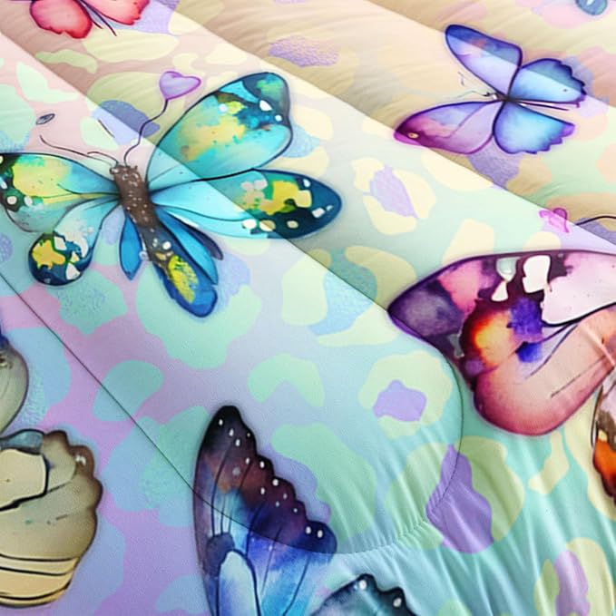 Datura home Kids Comforter Set Butterfly Printed Pattern Bedding Set with 1 Comforter and 2 Pillowcases for Girls Boys Bedroom All Season(Butterfly0 Queen) - LeafyLoom
