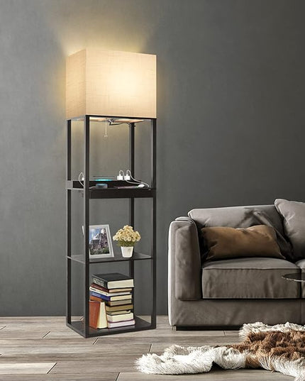 RUNTOP Plus Charging Station Floor Lamp with Wireless Charger, 2 USB-C Port, 2 Power Outlet, Floor Lamp with Shelves, 15W LED Bulb, 3 Colors, Memory Function, Standing Lamp for Living Room Bedroom - LeafyLoom