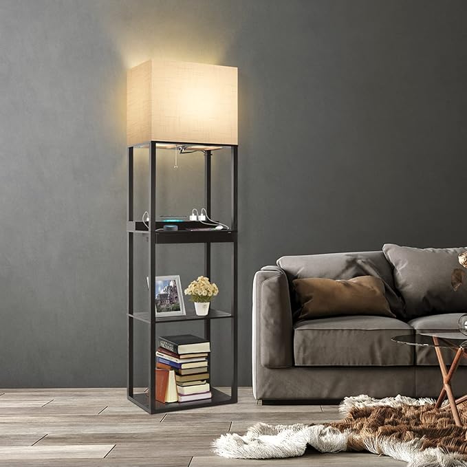 RUNTOP Plus Charging Station Floor Lamp with Wireless Charger, 2 USB-C Port, 2 Power Outlet, Floor Lamp with Shelves, 15W LED Bulb, 3 Colors, Memory Function, Standing Lamp for Living Room Bedroom - LeafyLoom