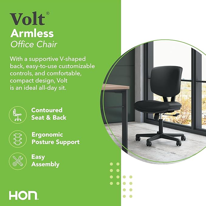 HON Volt Armless Chair Home Desk Wheels. Recline and Tilt, Ergonomic Office, Black - LeafyLoom