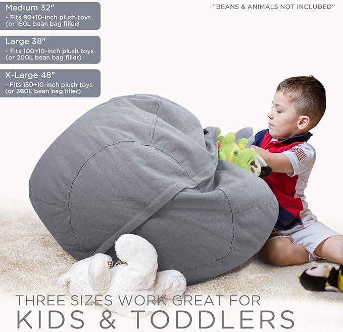 Aubliss Stuffed Animal Storage Bean Bag Chair Cover (No Beans)，Stuff and Sit Storage Bean Bag for Kids Toy Storage，Large 38"-Canvas Solid Grey - LeafyLoom