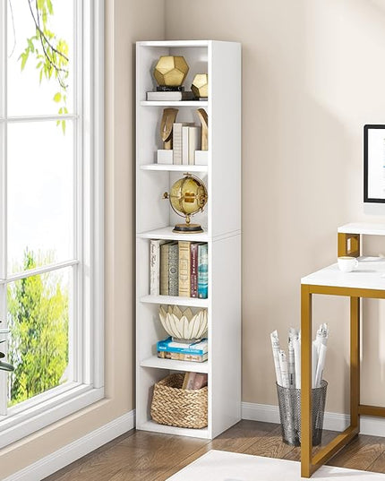 70.9 Inch Tall Narrow Bookcase, Corner Bookshelf 6 Tier Cube Display Shelf Storage Organizer for Small Space, White - LeafyLoom